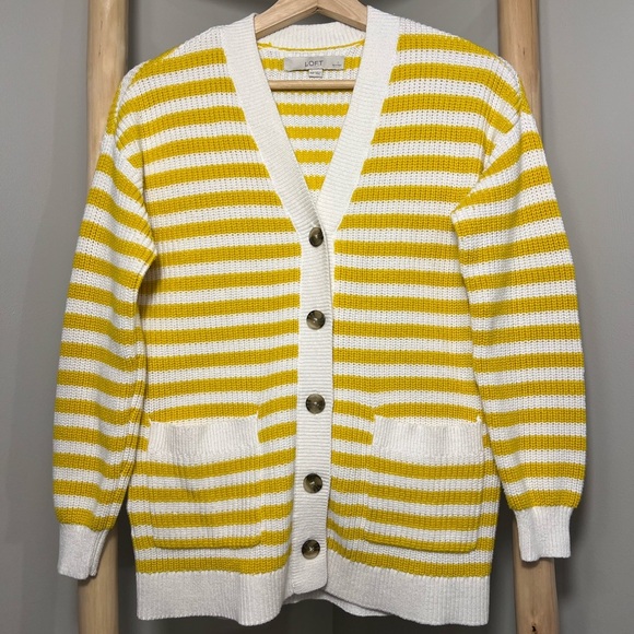 Loft XSP yellow soft white striped knitted cardigan v-neck button down - Picture 1 of 8